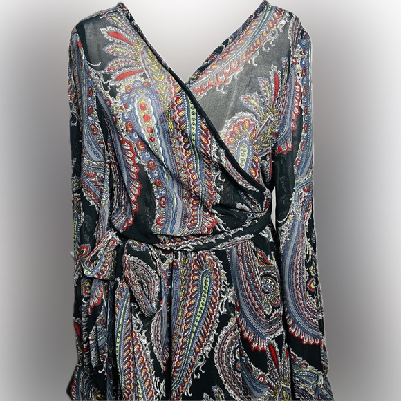 NWT Spy Zone Exchange SZ S black/red multicolored faux wrap maxi dress/bust 42” - Picture 5 of 5